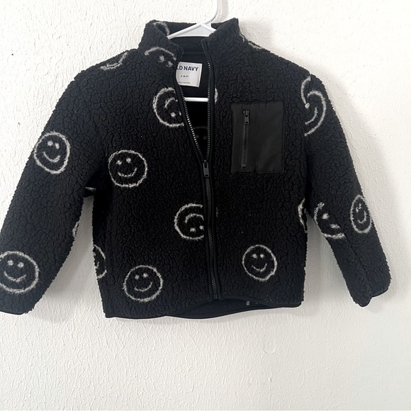 Old Navy Small (6-7) Cozy Sherpa Fleece Smiley Face All Over Print Zip Jacket - Picture 1 of 8